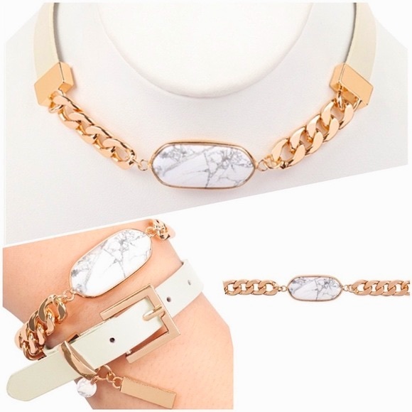 #2492 Genuine Leather Oval Natural Stone Marble Charm Bracelet Choker - Picture 8 of 10